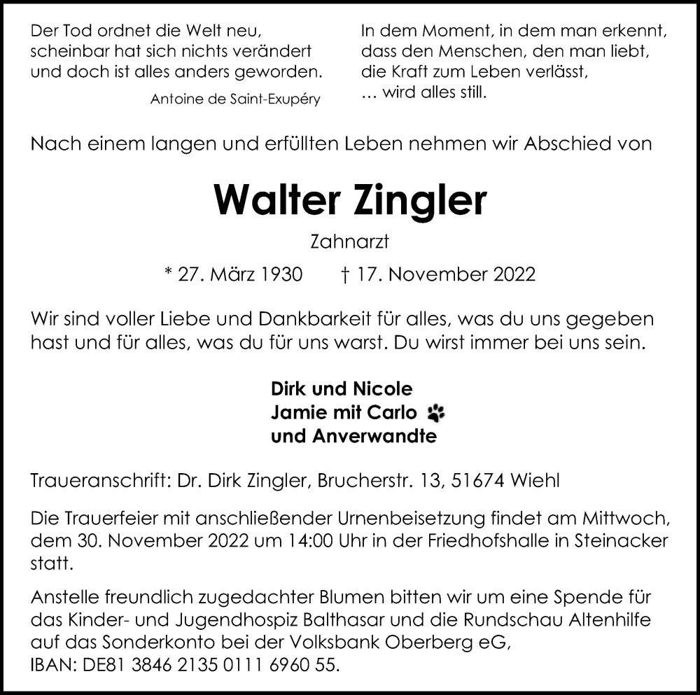 Traueranzeige für Walter Zingler vom 26.11.2022 aus Kölner Stadt-Anzeiger / Kölnische Rundschau / Express