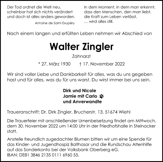 Anzeige von Walter Zingler von Kölner Stadt-Anzeiger / Kölnische Rundschau / Express