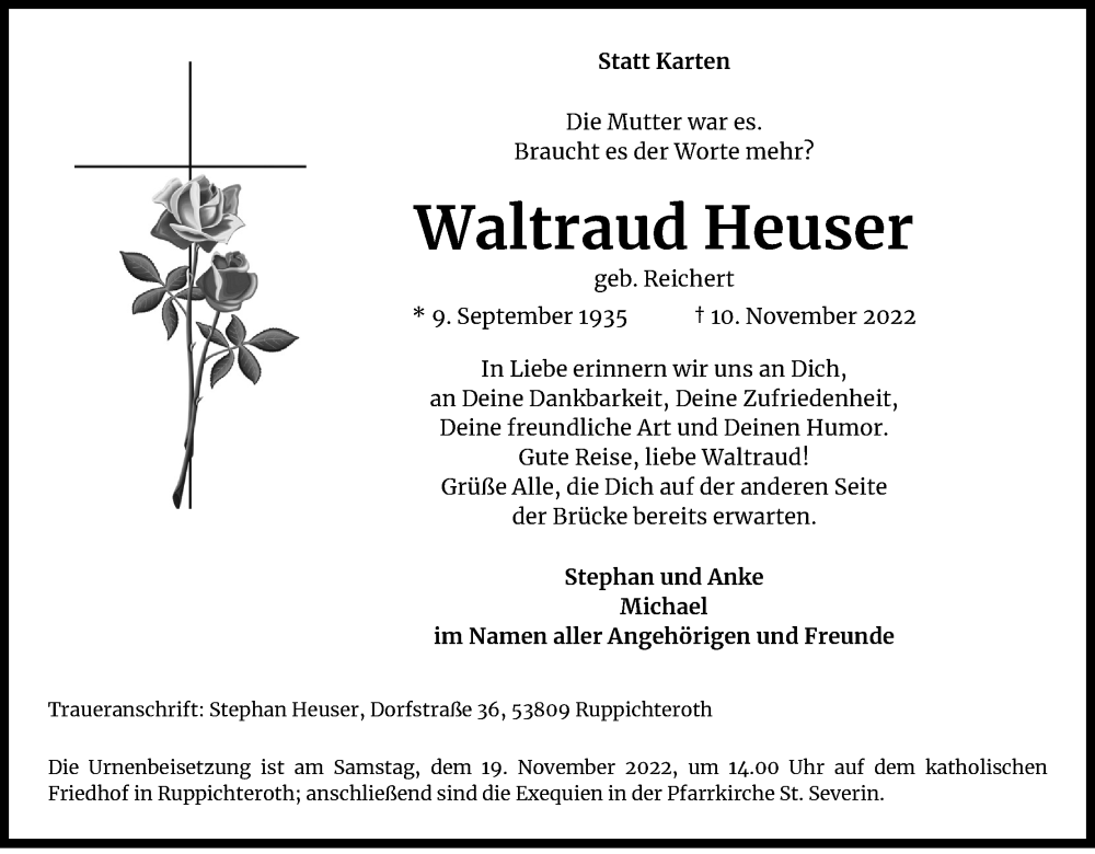  Traueranzeige für Waltraud Heuser vom 15.11.2022 aus Kölner Stadt-Anzeiger / Kölnische Rundschau / Express