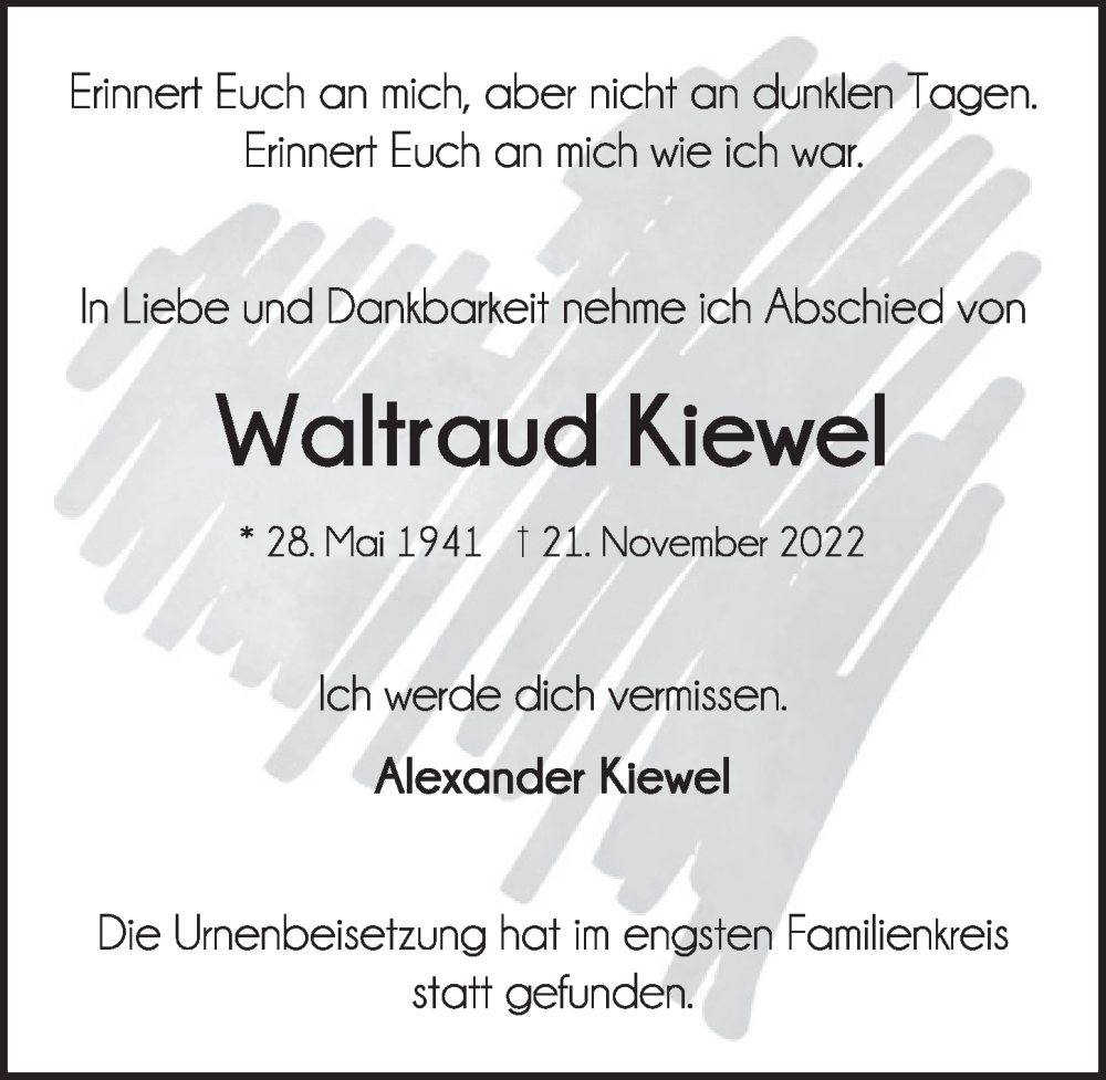 Traueranzeige für Waltraud Kiewel vom 25.11.2022 aus  Werbepost 