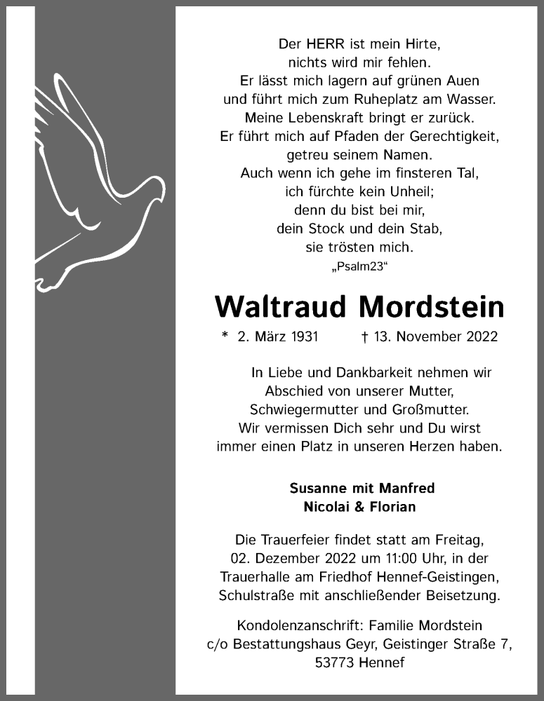  Traueranzeige für Waltraud Mordstein vom 26.11.2022 aus Kölner Stadt-Anzeiger / Kölnische Rundschau / Express