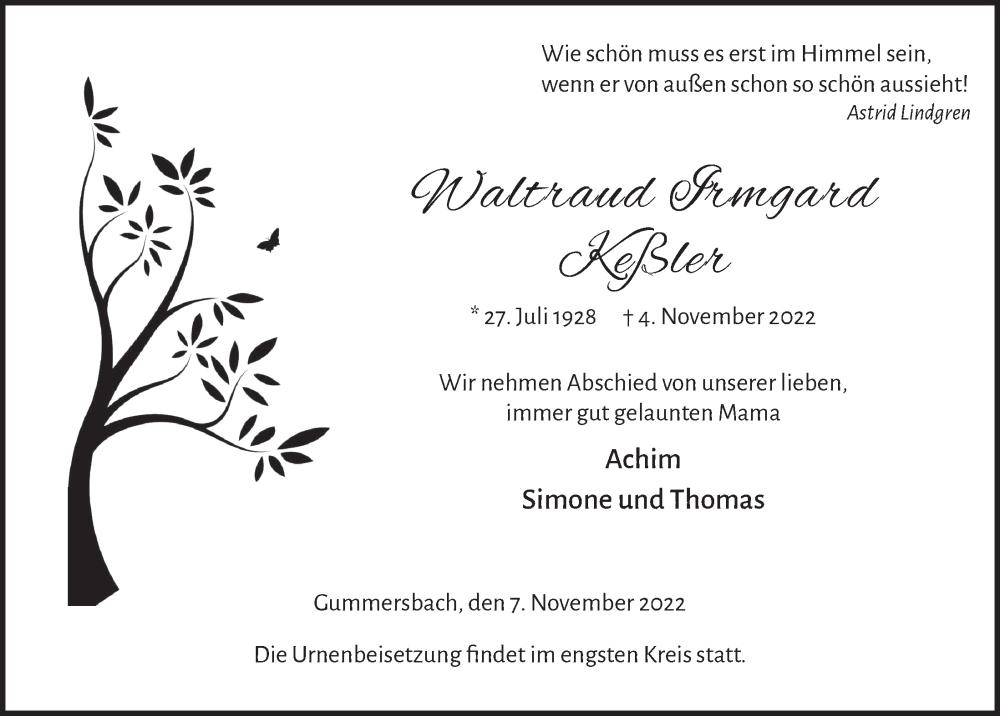  Traueranzeige für Waltraud Irmgard Keßler vom 11.11.2022 aus  Anzeigen Echo 