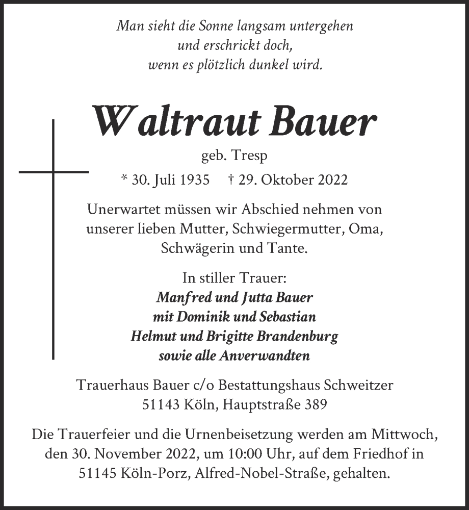 Traueranzeige für Waltraut Bauer vom 11.11.2022 aus  EXPRESS - Die Woche 