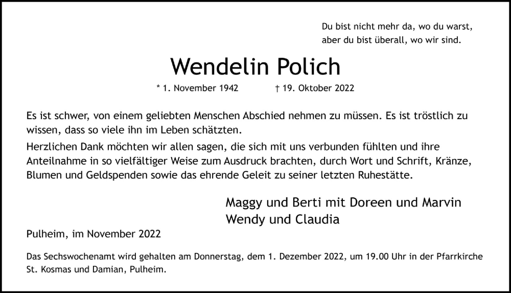  Traueranzeige für Wendelin Polich vom 25.11.2022 aus  Wochenende 