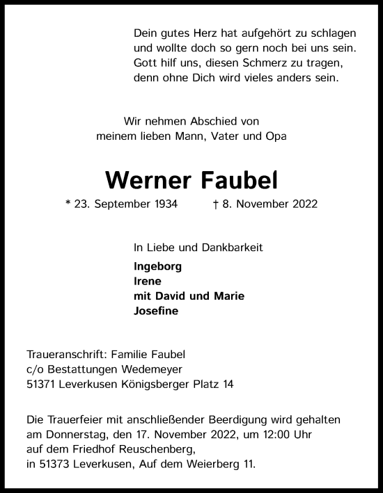 Anzeige von Werner Faubel von Kölner Stadt-Anzeiger / Kölnische Rundschau / Express