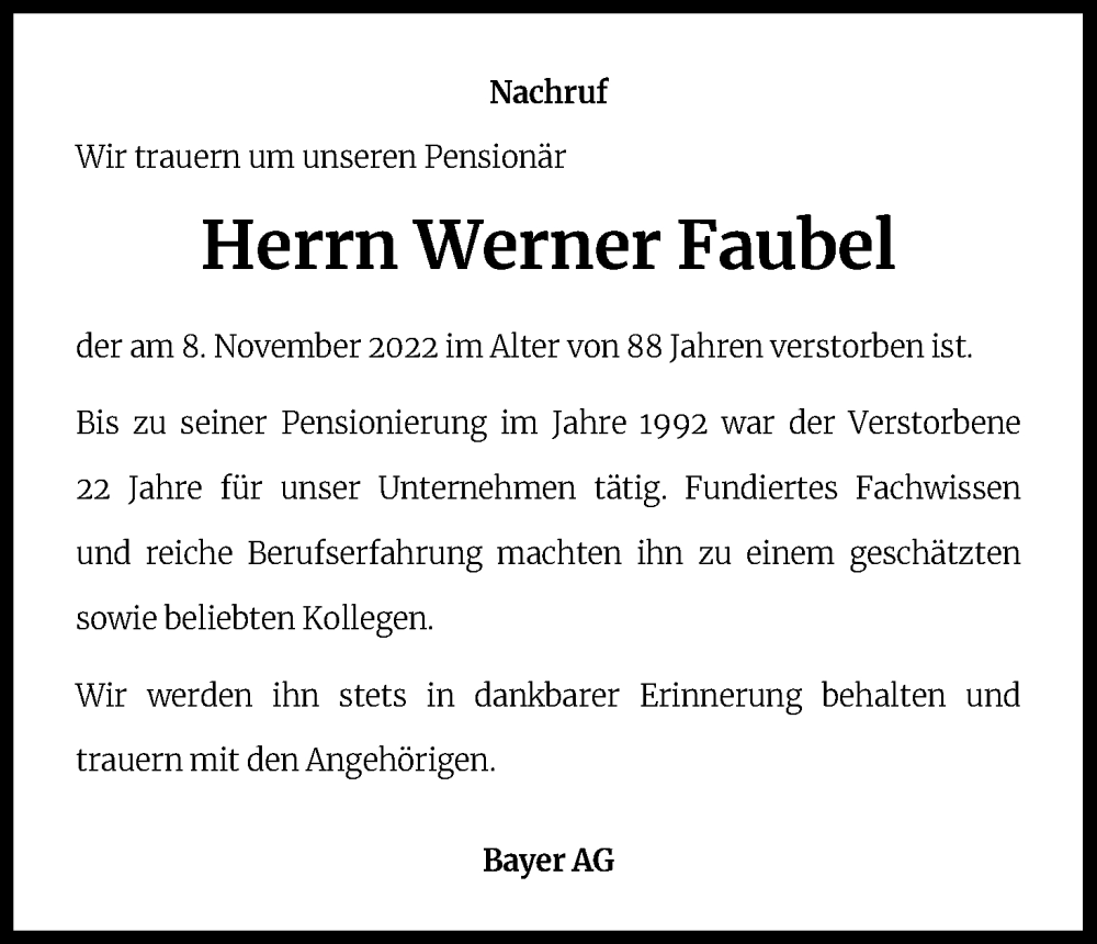  Traueranzeige für Werner Faubel vom 19.11.2022 aus Kölner Stadt-Anzeiger / Kölnische Rundschau / Express
