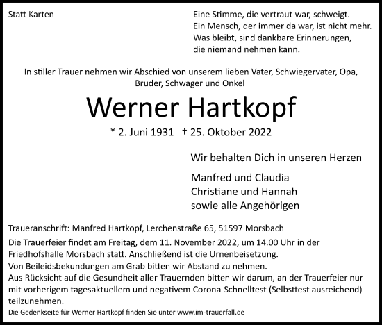 Anzeige von Werner Hartkopf von Kölner Stadt-Anzeiger / Kölnische Rundschau / Express