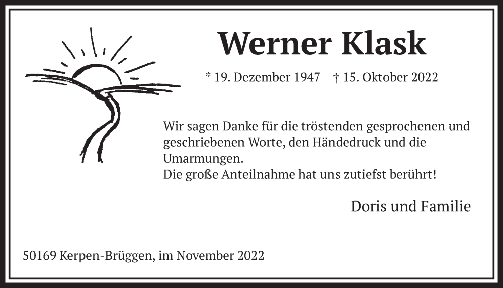  Traueranzeige für Werner Klask vom 25.11.2022 aus  Werbepost 