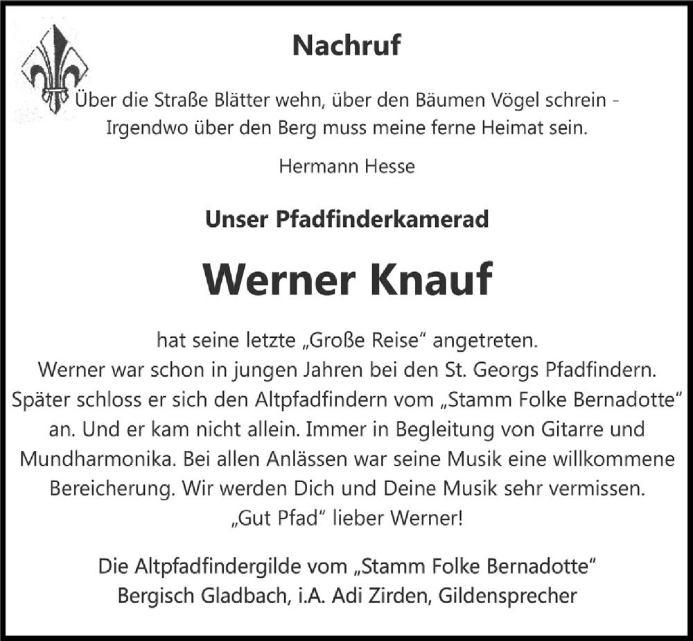  Traueranzeige für Werner Knauf vom 25.11.2022 aus  Bergisches Handelsblatt 