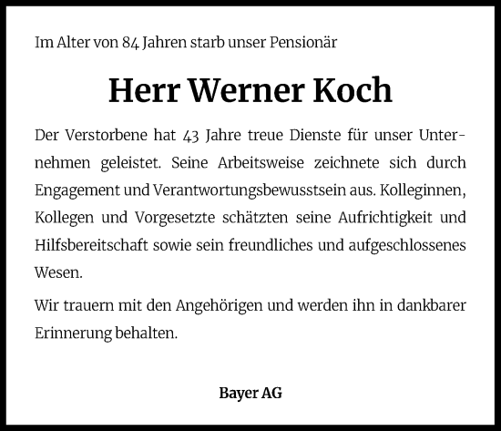 Anzeige von Werner Koch von Kölner Stadt-Anzeiger / Kölnische Rundschau / Express