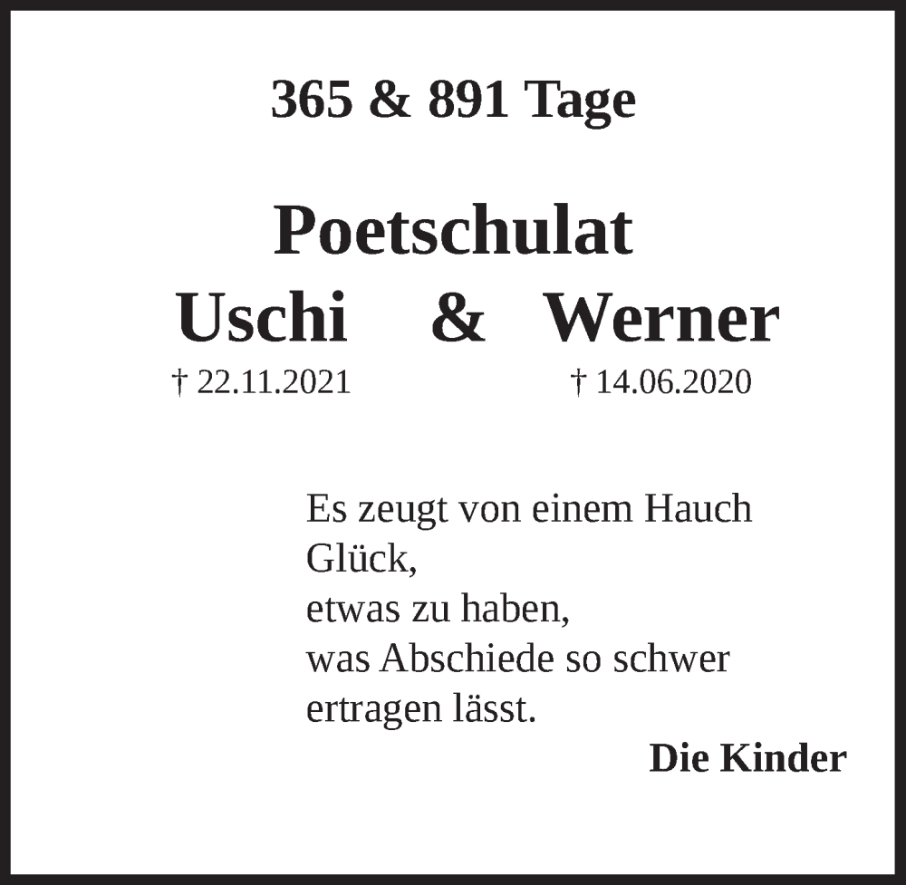  Traueranzeige für Werner Poetschulat vom 18.11.2022 aus  Wochenende 