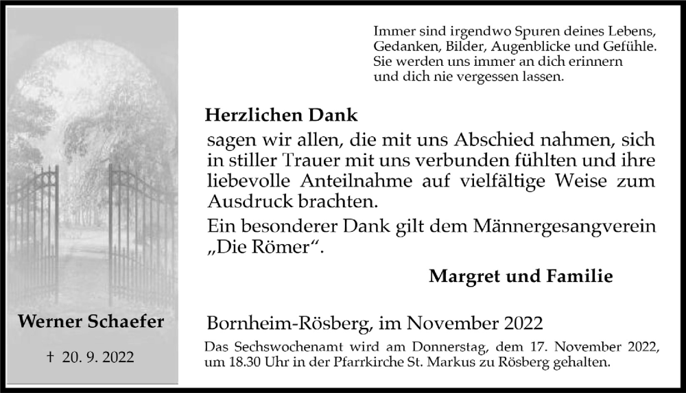  Traueranzeige für Werner Schaefer vom 11.11.2022 aus  Schaufenster/Blickpunkt 