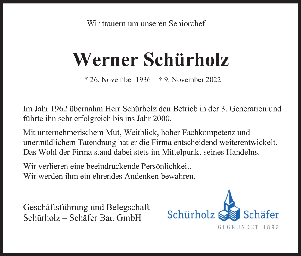  Traueranzeige für Werner Schürholz vom 16.11.2022 aus Kölner Stadt-Anzeiger / Kölnische Rundschau / Express