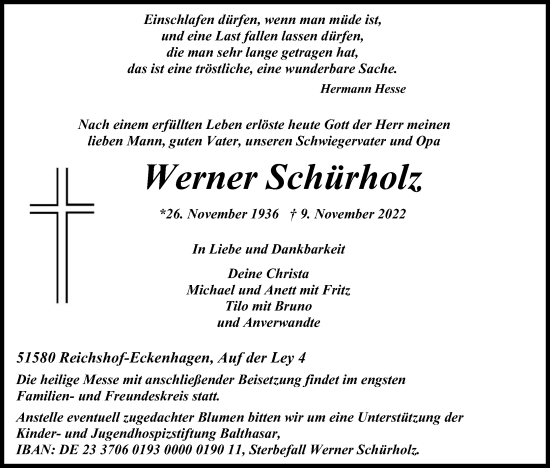 Anzeige von Werner Schürholz von Kölner Stadt-Anzeiger / Kölnische Rundschau / Express