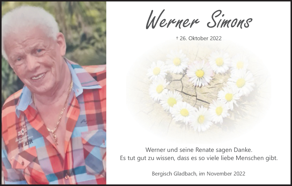  Traueranzeige für Werner Simons vom 12.11.2022 aus Kölner Stadt-Anzeiger / Kölnische Rundschau / Express
