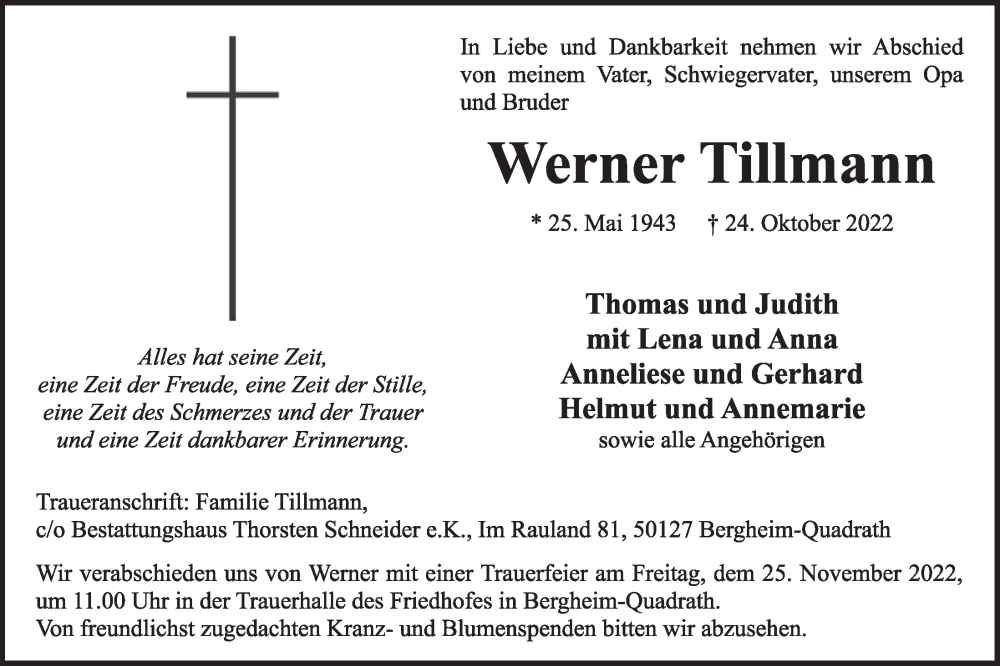  Traueranzeige für Werner Tillmann vom 11.11.2022 aus  Werbepost 