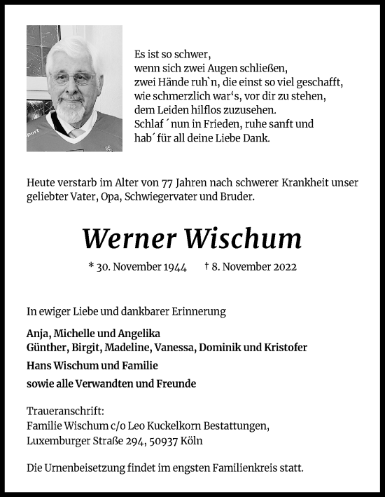 Anzeige von Werner Wischum von Kölner Stadt-Anzeiger / Kölnische Rundschau / Express
