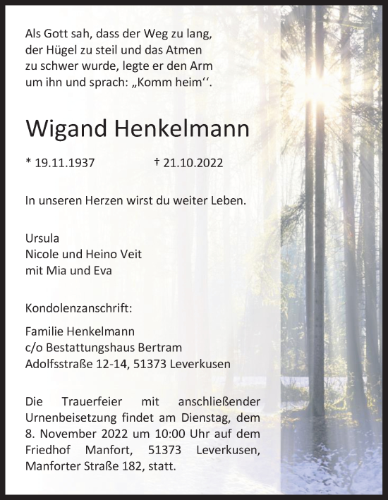 Anzeige von Wigand Henkelmann von Kölner Stadt-Anzeiger / Kölnische Rundschau / Express