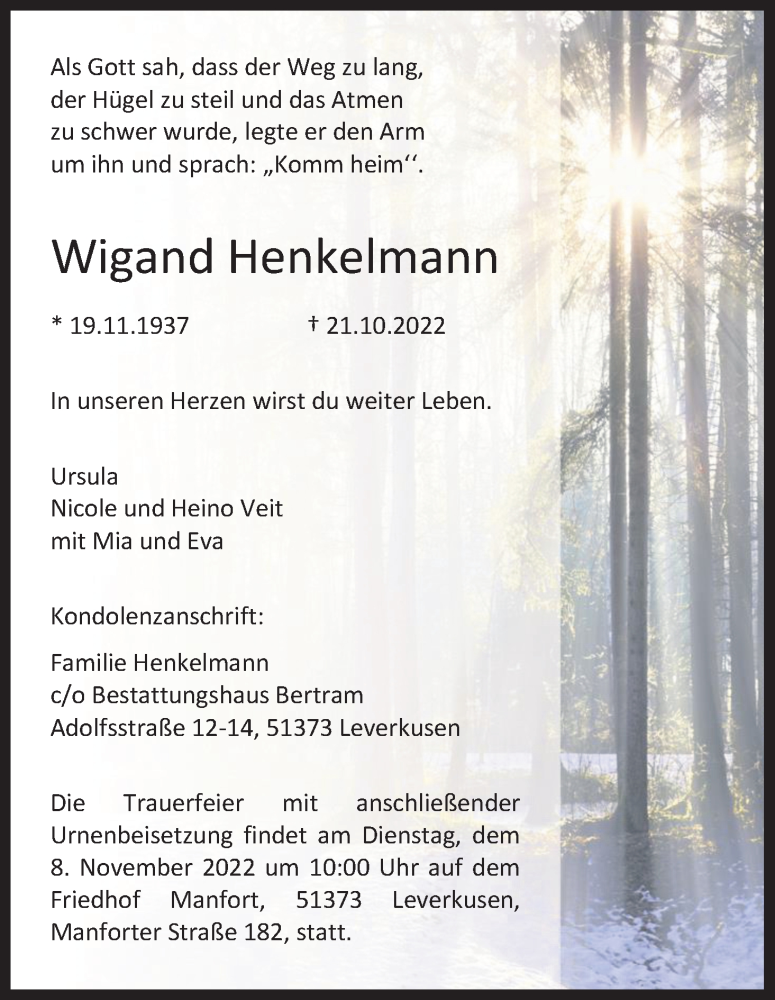  Traueranzeige für Wigand Henkelmann vom 05.11.2022 aus Kölner Stadt-Anzeiger / Kölnische Rundschau / Express