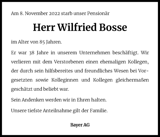 Anzeige von Wilfried Bosse von Kölner Stadt-Anzeiger / Kölnische Rundschau / Express