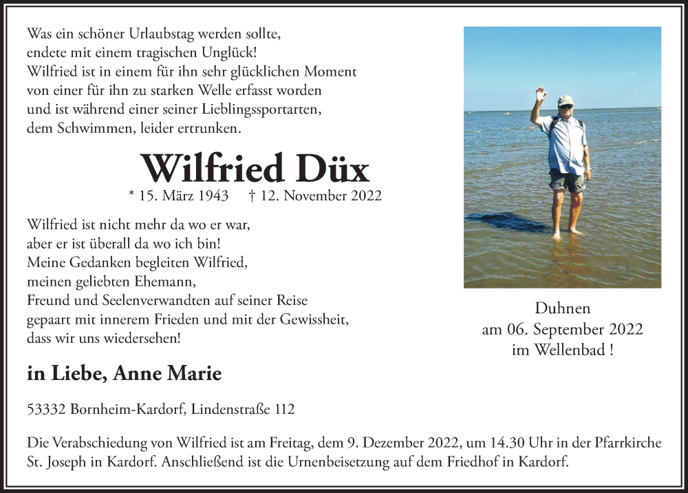  Traueranzeige für Wilfried Düx vom 25.11.2022 aus  Schaufenster/Blickpunkt  Schlossbote/Werbekurier 