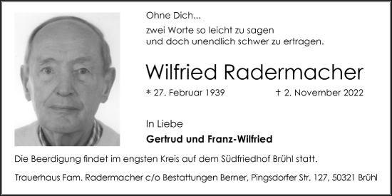 Anzeige von Wilfried Radermacher von  Schlossbote/Werbekurier 