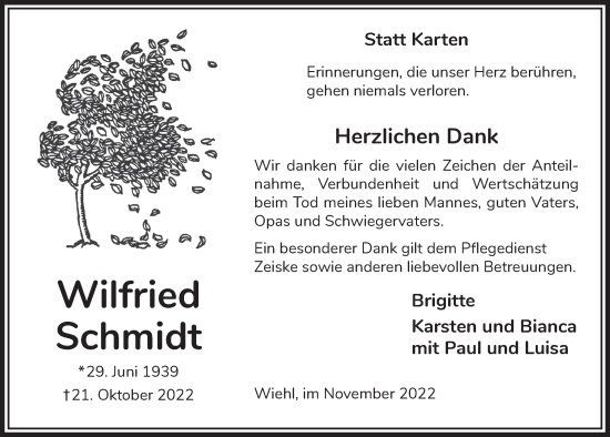 Anzeige von Wilfried Schmidt von  Anzeigen Echo 