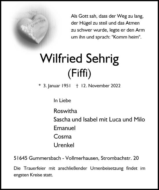 Anzeige von Wilfried Sehrig von  Anzeigen Echo 