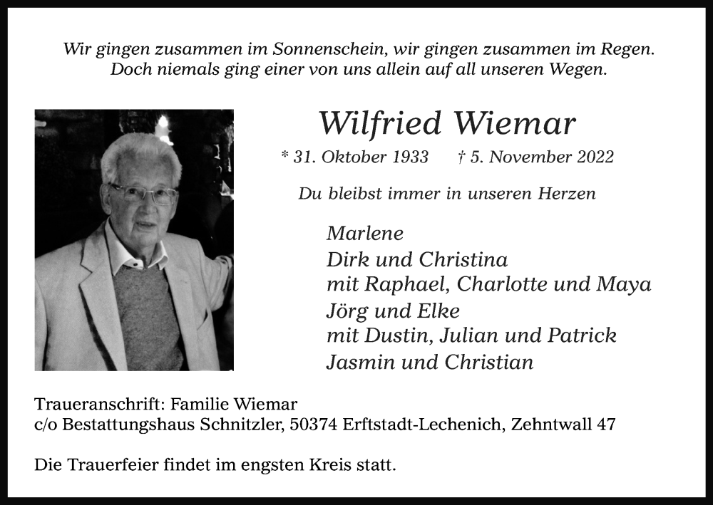  Traueranzeige für Wilfried Wiemar vom 19.11.2022 aus Kölner Stadt-Anzeiger / Kölnische Rundschau / Express