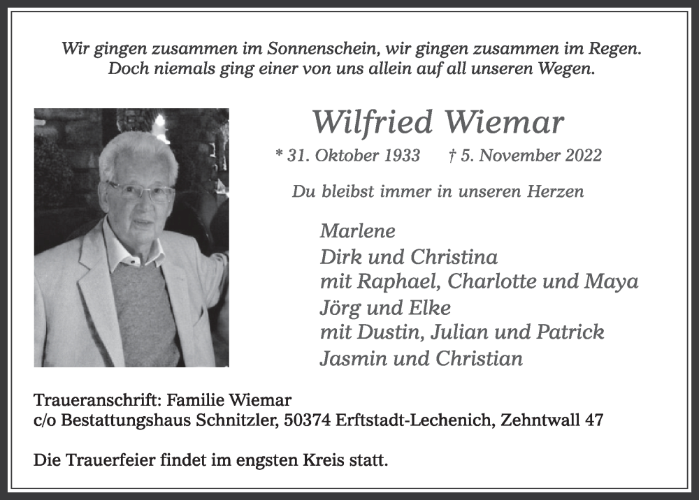  Traueranzeige für Wilfried Wiemar vom 18.11.2022 aus  Werbepost 
