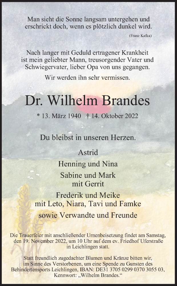 Traueranzeige für Wilhelm Brandes vom 05.11.2022 aus Kölner Stadt-Anzeiger / Kölnische Rundschau / Express
