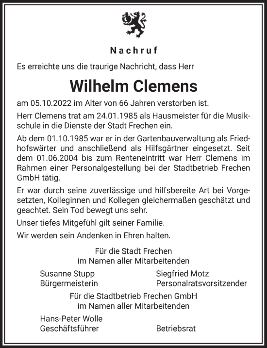 Anzeige von Wilhelm Clemens von  Wochenende 