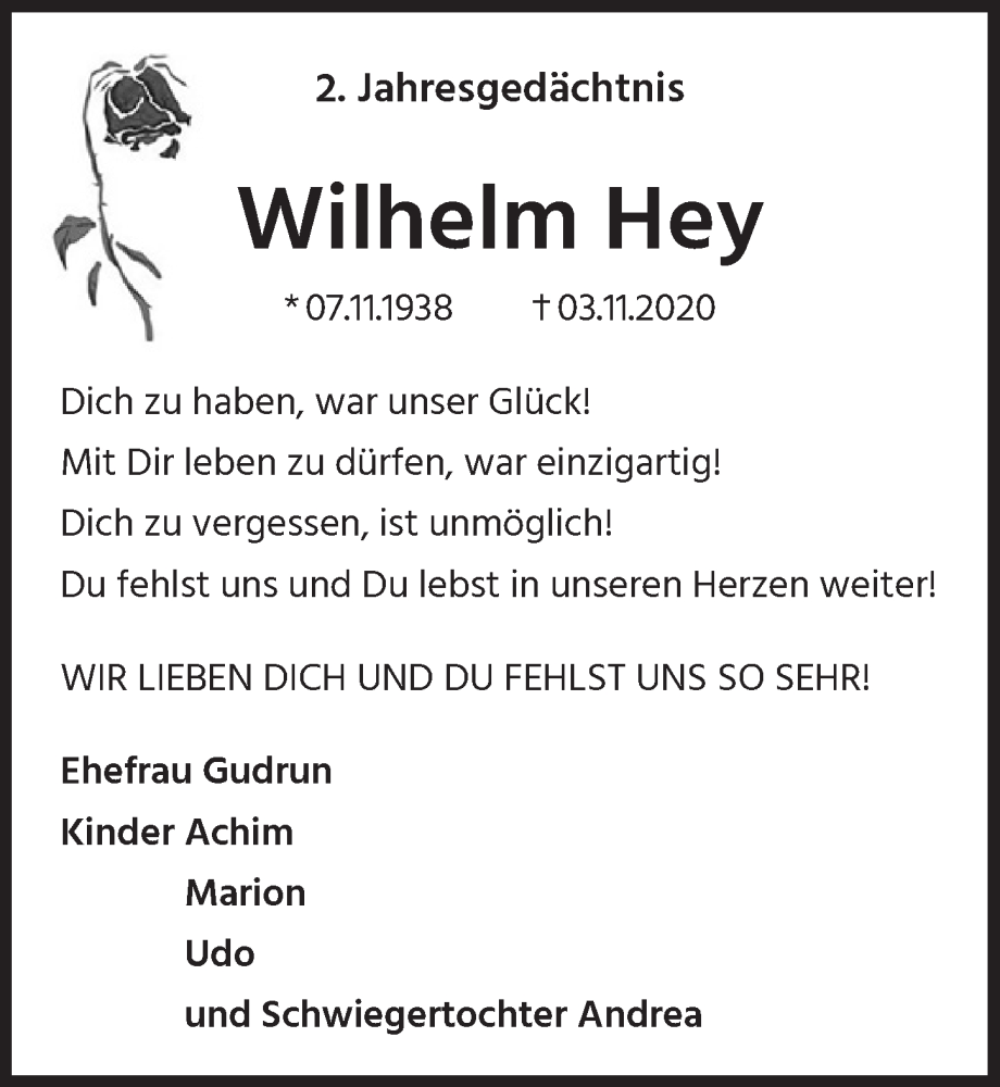  Traueranzeige für Wilhelm Hey vom 04.11.2022 aus  EXPRESS - Die Woche 