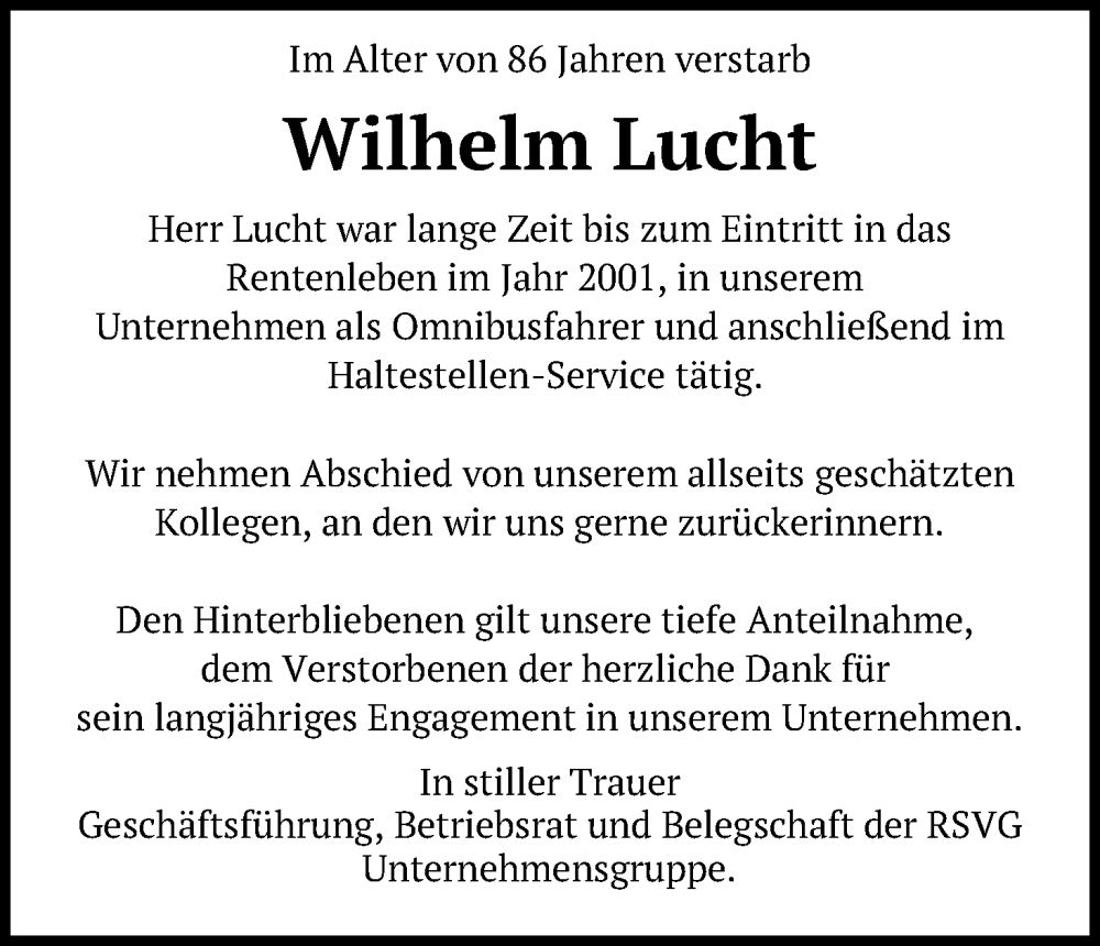 Traueranzeige für Wilhelm Lucht vom 19.11.2022 aus Kölner Stadt-Anzeiger / Kölnische Rundschau / Express