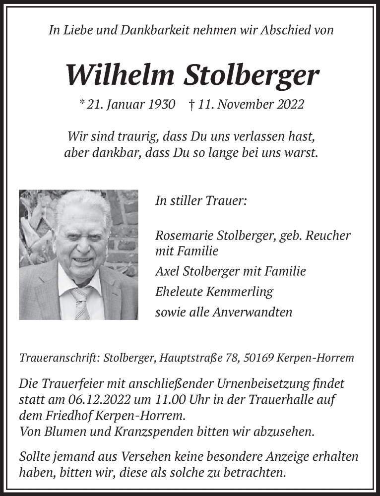 Traueranzeige für Wilhelm Stolberger vom 25.11.2022 aus  Werbepost 