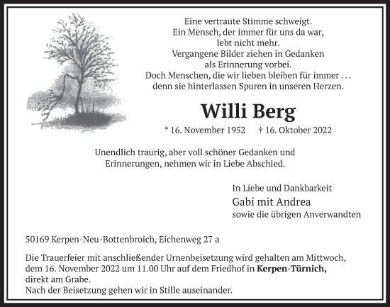 Anzeige von Willi Berg von  Werbepost 
