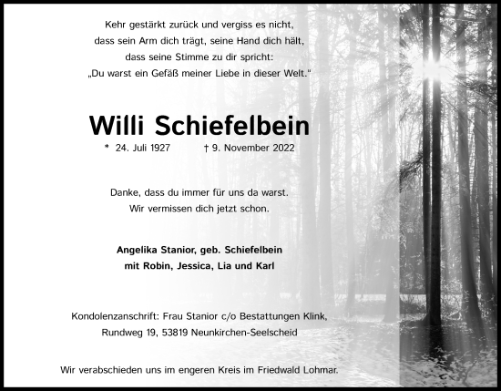Anzeige von Willi Schiefelbein von Kölner Stadt-Anzeiger / Kölnische Rundschau / Express