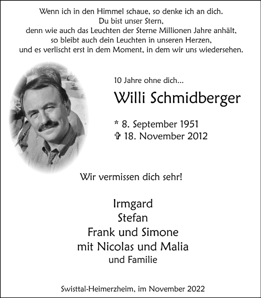  Traueranzeige für Willi Schmidberger vom 11.11.2022 aus  Schaufenster/Blickpunkt 