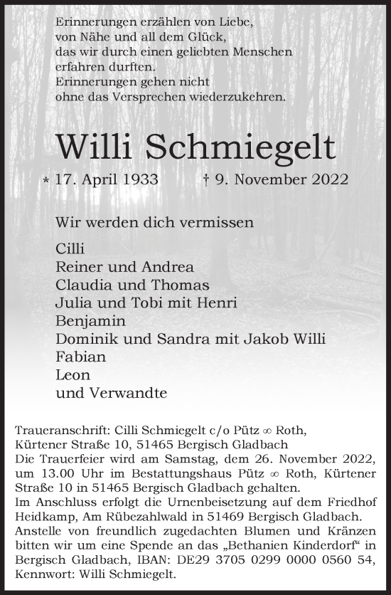 Anzeige von Willi Schmiegelt von  Bergisches Handelsblatt 