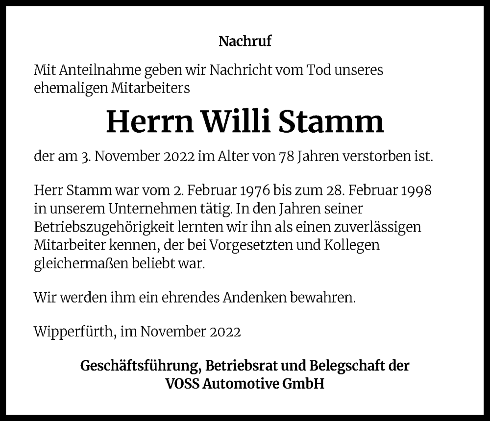  Traueranzeige für Willi Stamm vom 12.11.2022 aus Kölner Stadt-Anzeiger / Kölnische Rundschau / Express