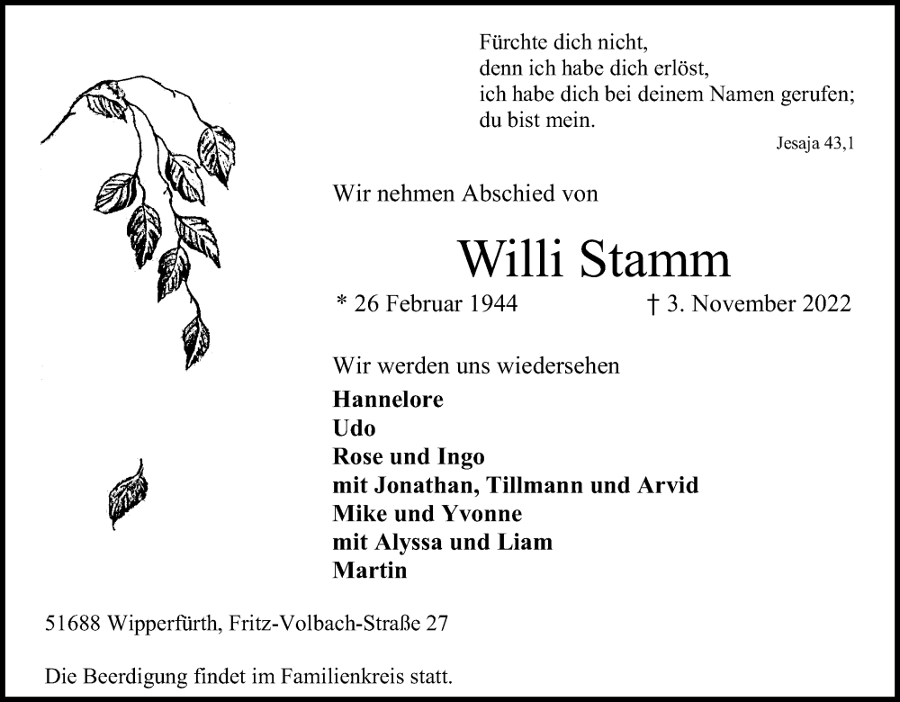  Traueranzeige für Willi Stamm vom 12.11.2022 aus Kölner Stadt-Anzeiger / Kölnische Rundschau / Express
