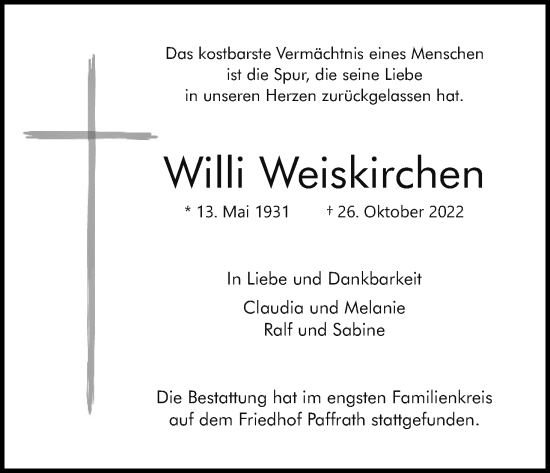 Anzeige von Willi Weiskirchen von Kölner Stadt-Anzeiger / Kölnische Rundschau / Express