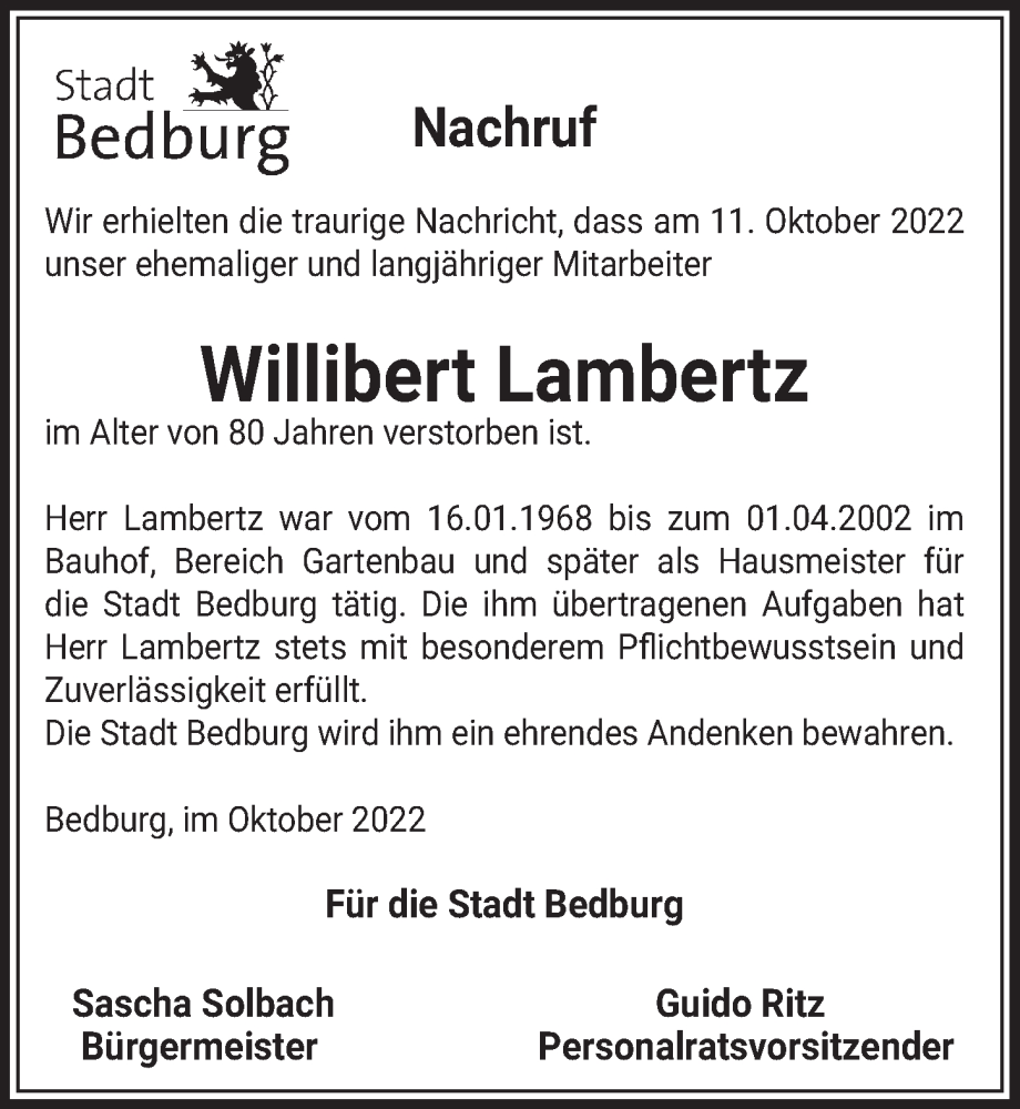  Traueranzeige für Willibert Lambertz vom 04.11.2022 aus  Werbepost 