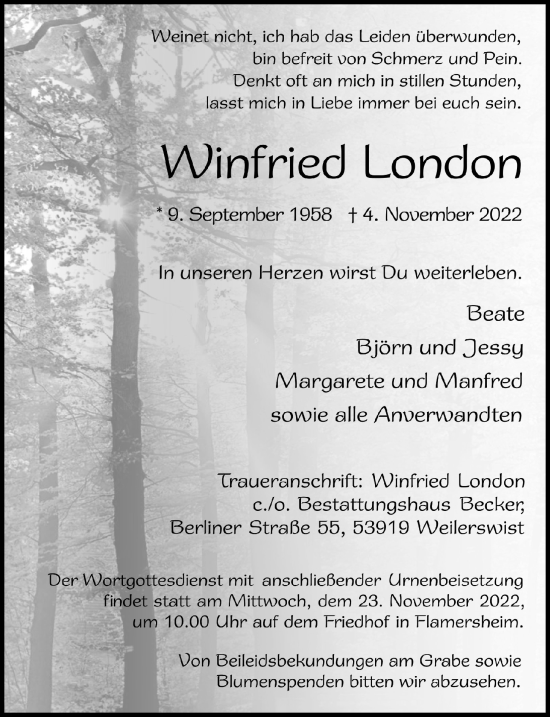 Anzeige von Winfried London von  Blickpunkt Euskirchen 