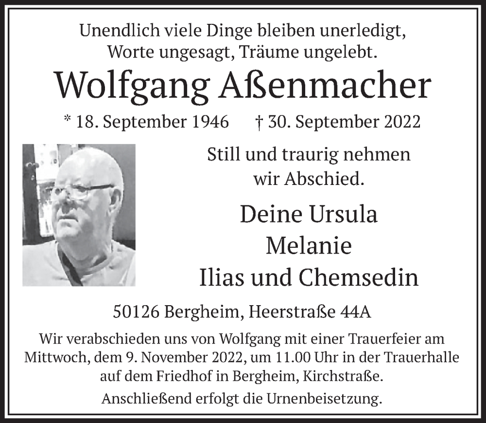  Traueranzeige für Wolfgang Aßenmacher vom 04.11.2022 aus  Werbepost 