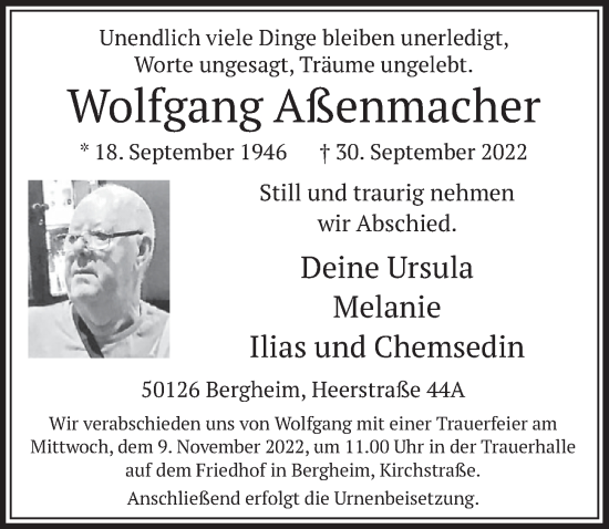 Anzeige von Wolfgang Aßenmacher von  Werbepost 