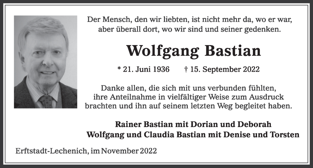  Traueranzeige für Wolfgang Bastian vom 04.11.2022 aus  Werbepost 