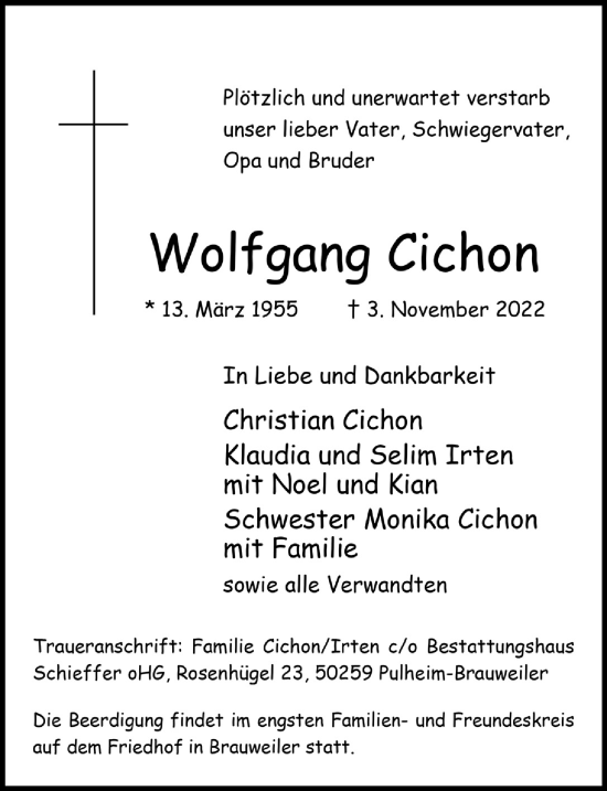 Anzeige von Wolfgang Cichon von  Wochenende 