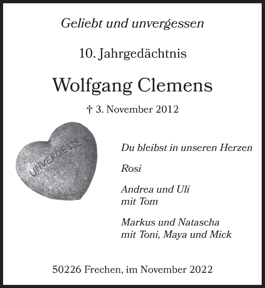  Traueranzeige für Wolfgang Clemens vom 11.11.2022 aus  Wochenende 