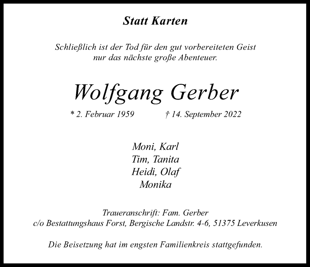  Traueranzeige für Wolfgang Gerber vom 05.11.2022 aus Kölner Stadt-Anzeiger / Kölnische Rundschau / Express